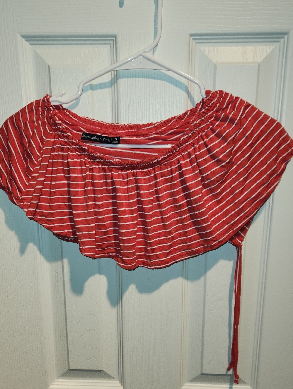 Abercrombie & Fitch Red and White Striped Off-Shoulder Crop Top